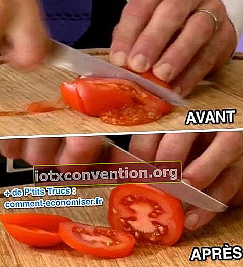 Schneiden Sie eine Tomate mit einem scharfen Messer