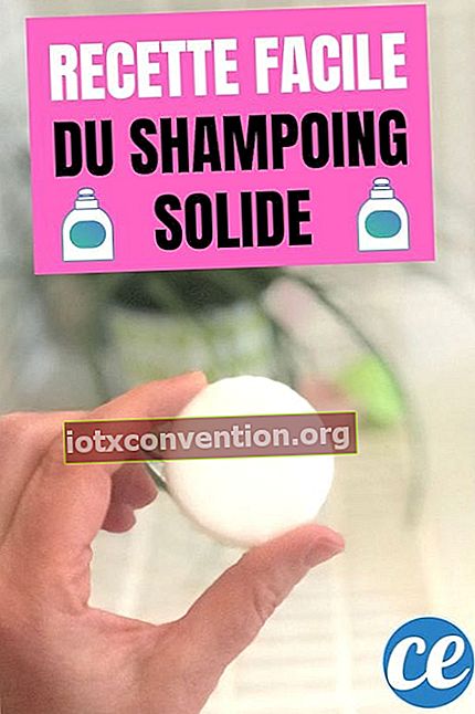 Hand hält hausgemachtes weißes festes Shampoo mit Text: einfaches festes Shampoo-Rezept