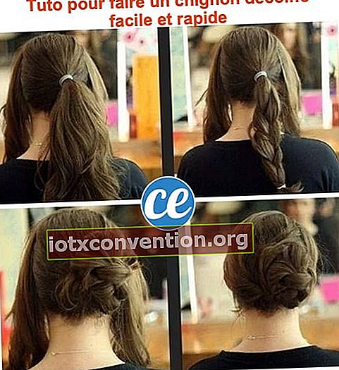Tutorial in 4 Fotos, um ein einfaches, unordentliches Brötchen mit einem Zopf auf langen Haaren zu machen