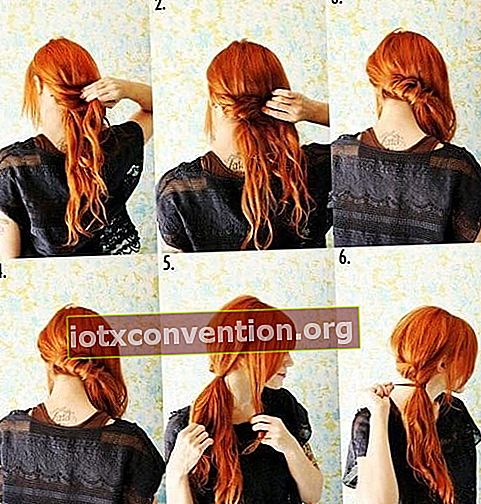 若い赤毛は6枚の写真でサイドツイストポニーテールを作る方法を示しています
