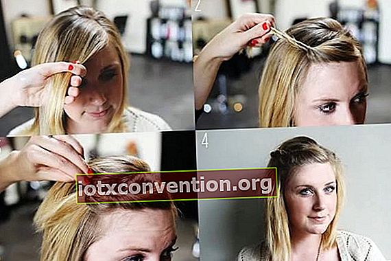 Självstudier i 4 bilder som visar en ung blond kvinna som gör snodda smällar