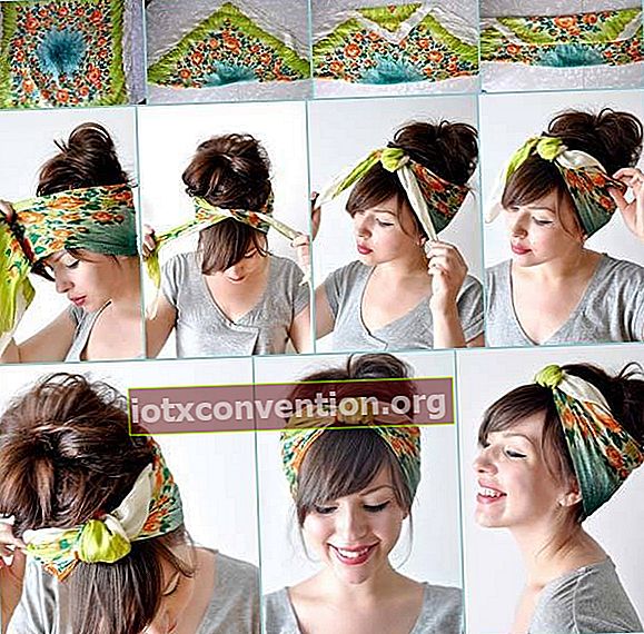女性は11枚の写真で彼女の髪にスカーフを置く方法を示しています