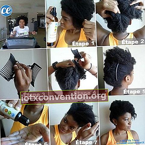 Tutorial di 9 foto realizzate da una giovane donna di colore per realizzare un taglio asimmetrico a banana sui capelli ricci e crespi