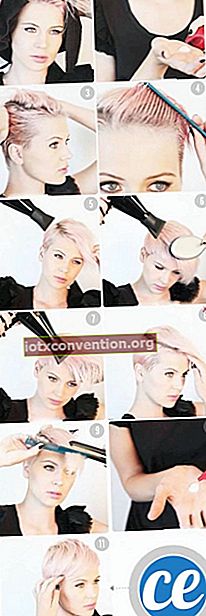 Tutorial di 11 foto che mostrano una giovane donna con i capelli rosa corti che disegnano la frangia