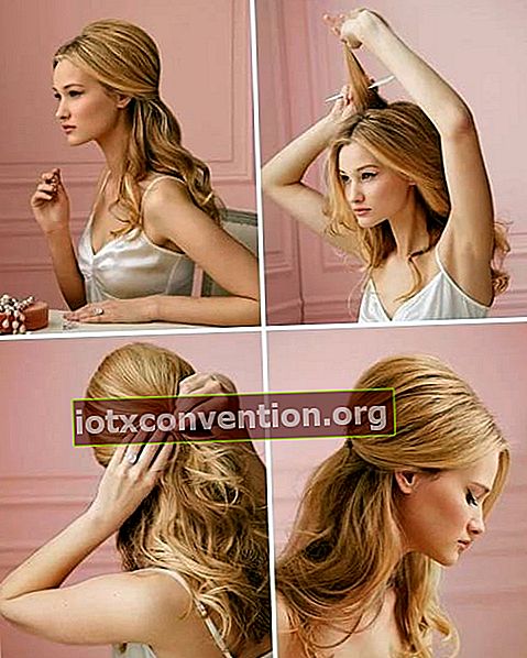 Tutorial einer jungen blonden Frau, um einen Babypuppentyp mit einem Muscheleffekt auf der Oberseite und langen zurückgebundenen Haaren zu schneiden