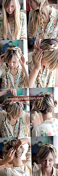 En ung blond kvinna gör en handledning för att göra en krona av flätat hår på toppen av huvudet