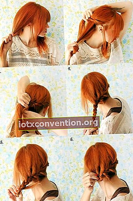 En ung rödhårig visar hur man gör en krona av hår flätad på nacken på sex foton