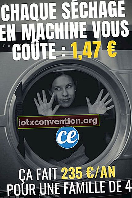 テキスト付きの回転式乾燥機サイクルを開始する女性：1回の回転式乾燥機の費用は1.47ユーロ