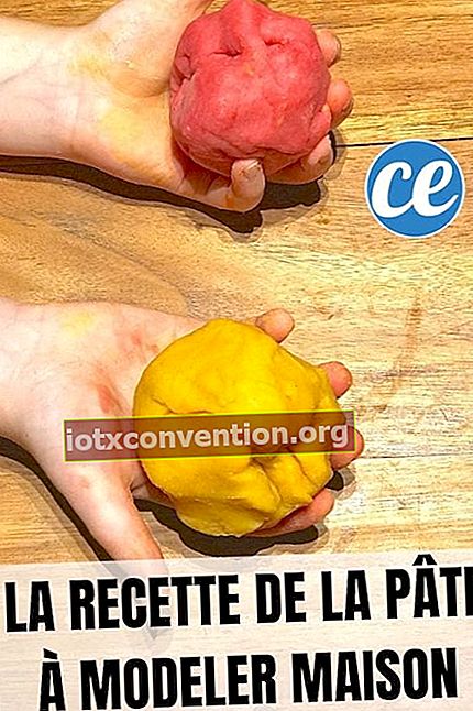 dua bola plastisin buatan sendiri berwarna merah muda dan kuning di tangan seorang gadis kecil