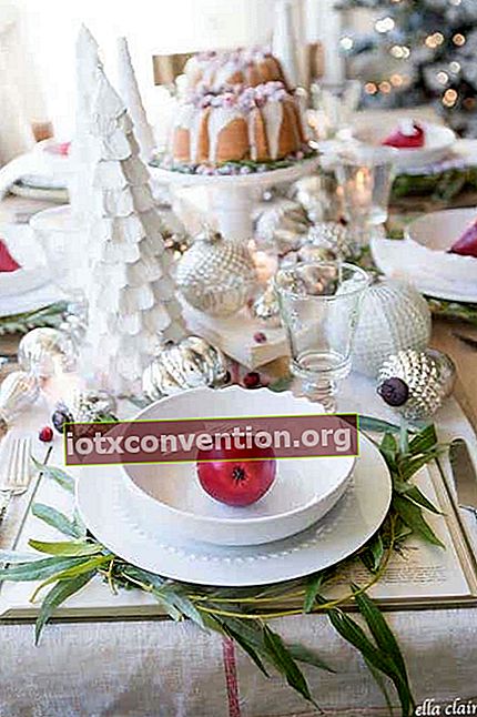 Alle weißen Tisch mit einem roten Apfel auf einem Teller dekoriert