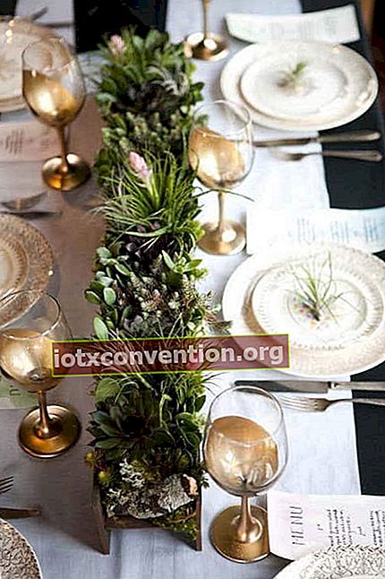 Tavolo decorato con fiori ed erbe aromatiche