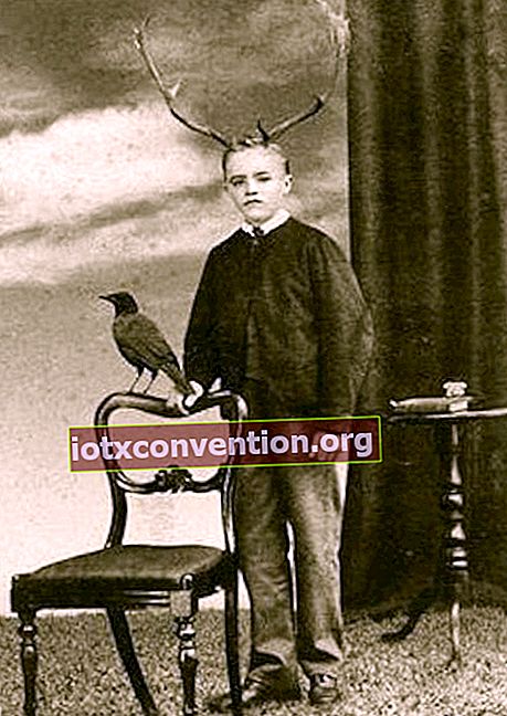 Anak laki-laki dengan tanduk rusa di kepalanya di sampingnya memegang kursi di sebelahnya dan seekor burung gagak di atas