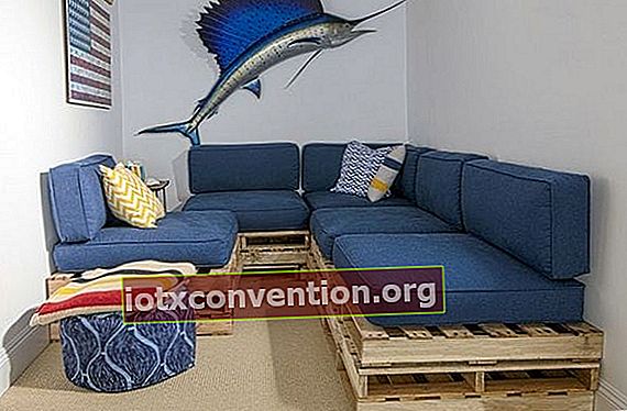 sofa biru di kayu palet