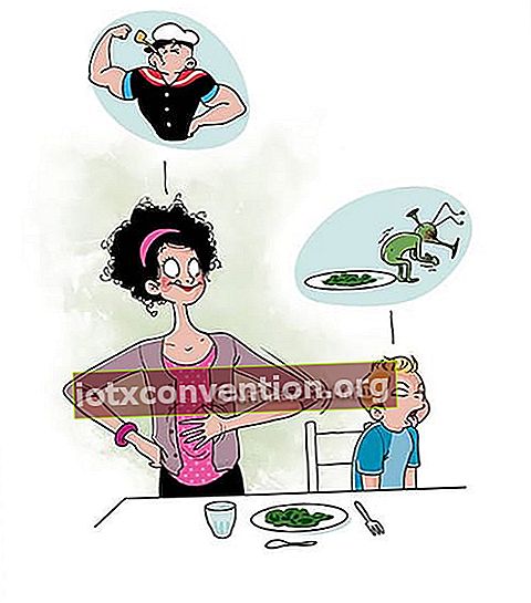 kartun yang menampilkan seorang ibu yang mencoba memberi makan bayam kepada anaknya