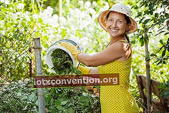 En kvinna som placerar nässlor på en komposthög.