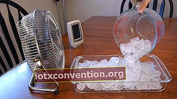 Um Ihr Zuhause abzukühlen, stellen Sie eine große Schüssel mit Eiswürfeln vor einen Ventilator.