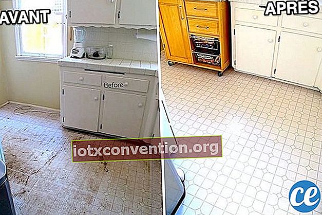 Lantai PVC sangat kotor di sebelah kiri dan lantai sangat bersih setelah dibersihkan dengan cuka putih