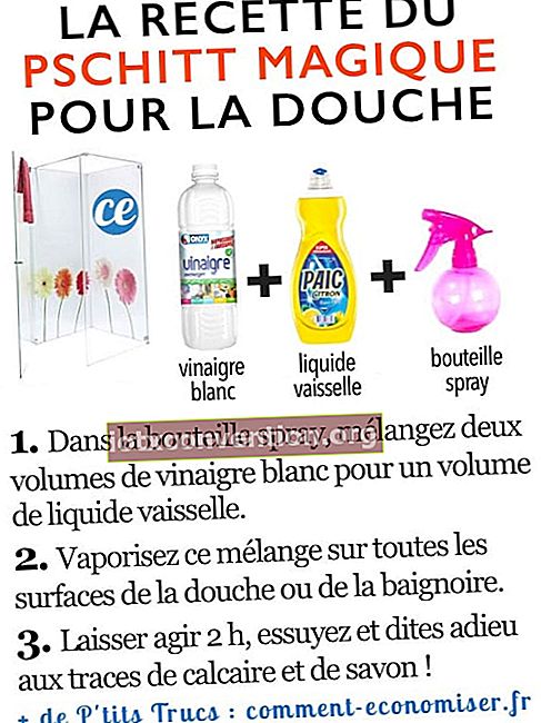Det enkla receptet för rengöring av dusch och badkar: vit vinäger + diskmedel + sprayflaska.