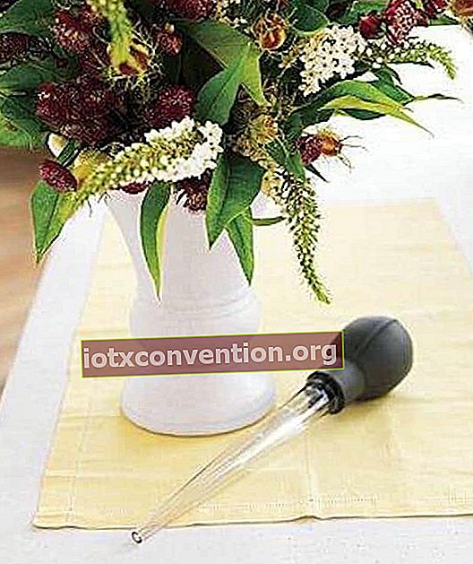 주스 전구를 사용하여 꽃병에서 더러운 물을 제거하십시오.