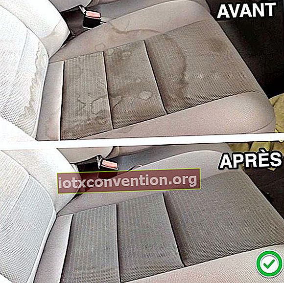 Ein sehr schmutziger und fleckiger Stoffautositz vor und der gleiche saubere Sitz dank des Bicarbonats