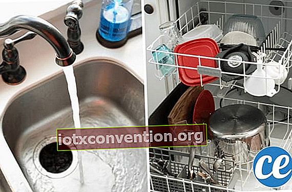 การกำจัดขยะและจานที่เป็นระเบียบในเครื่องล้างจาน