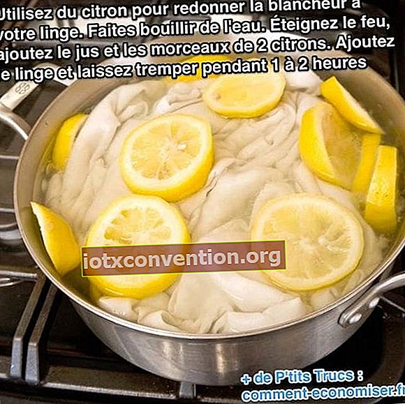 periuk dengan lemon dan beberapa cucian yang mendidih di dalam air untuk memutihkan cucian
