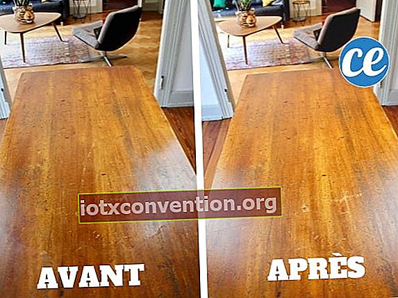 Un tavolo in legno prima e dopo un trattamento a cera fatto in casa.