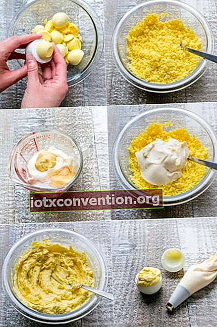 卵黄を取り除き、マヨネーズと混ぜて、固ゆで卵の白身を詰める手順の説明