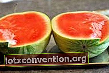 En vattenmelon skuren i halva längden.
