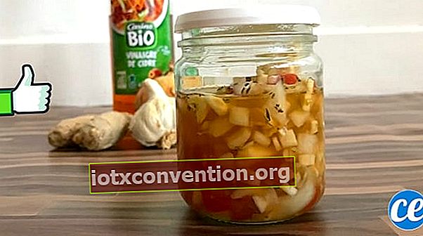 Satu balang dengan bawang putih, bawang, halia dalam cuka sari apel untuk membuat antibiotik yang berkesan dan semula jadi