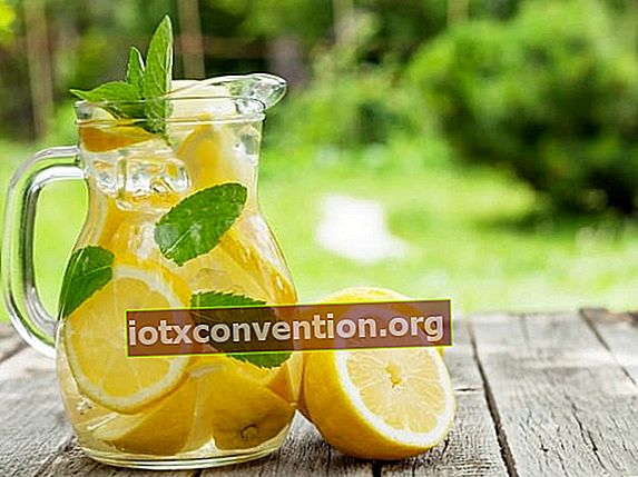 체중 감량을 위해 나무 테이블에 레몬 물 투수