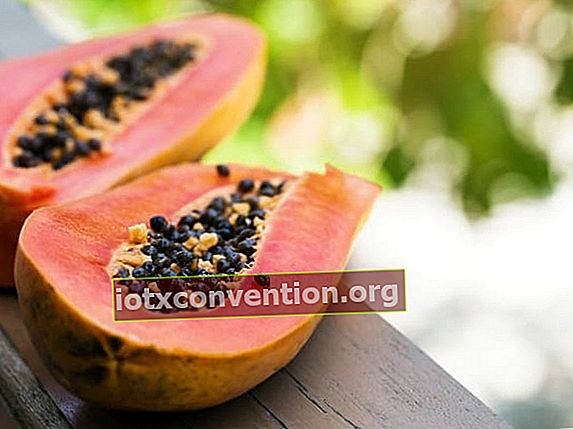 Eine Papaya halbiert auf einem Holztisch für Diät