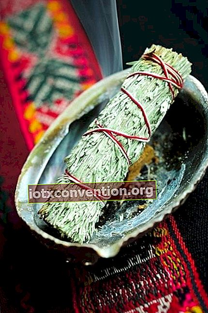 Un bastoncino di salvia bianca in un portacenere su un tappeto a motivi tradizionali.