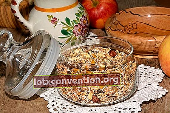 Semangkuk oatmeal dengan tutupnya di atas taplak meja putih dengan latar belakang apel